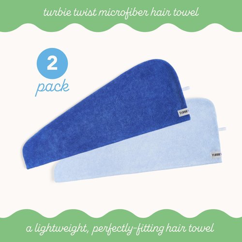 Turbie Twist 2-Pack Microfiber Hair Towel for Beauty, Travel, Gifting - Wrap Turban for Straight, Wavy & Curly Hair - Premium Personal Care - Dazzling Blue & Windsurfer