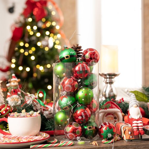 Valery Madelyn Christmas Ornaments Set, 24ct Elf Red Green White Shatterproof Christmas Tree Decorations Set, 2.36 Inch Decorative Hanging Ball Ornaments Bulk for Xmas Holiday Party Indoor Decor