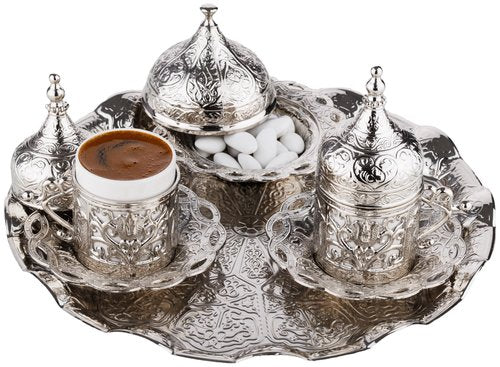 DEMMEX Turkish Greek Arabic Coffee Making and Serving Full Set with Cups Saucers Lids Sugar Bowl Tray and Copper Coffee Pot, Hand Decorated with Gold Crystals, 12 Pcs (Silver)