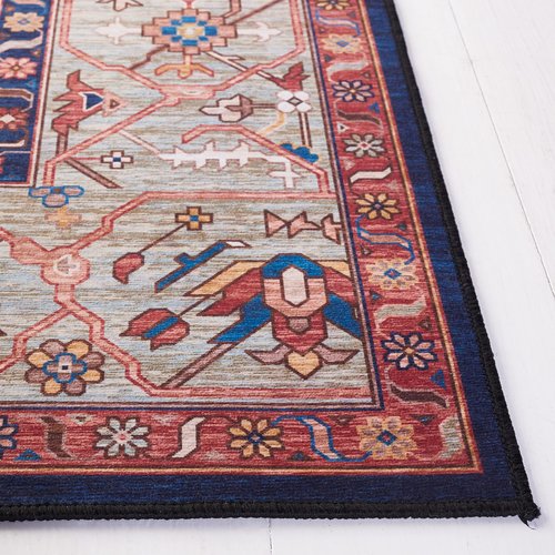 SAFAVIEH Washable Rug Tucson Collection - 4' Square, Rust & Blue, Slip Resistant & Easy to Clean, Ideal for Foyer, Kitchen, Nursery, Office, Bedroom (TSN153P)