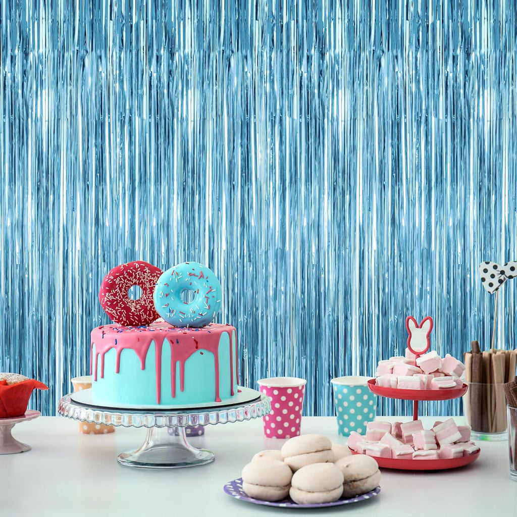 Skiennix 2 Pack Fringe Backdrop - Metallic Ocean Blue Foil Curtains | 3.28 FT x 7.05 FT Birthday & Bachelorette Party Decor