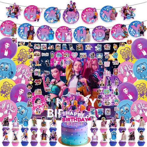 127 Pcs Demon Hunters Birthday Decorations, Party Supplies Kit with Backdrop, Banner, Cake Topper, Cupcake Picks, Balloons, Stickers for Themed Celebration