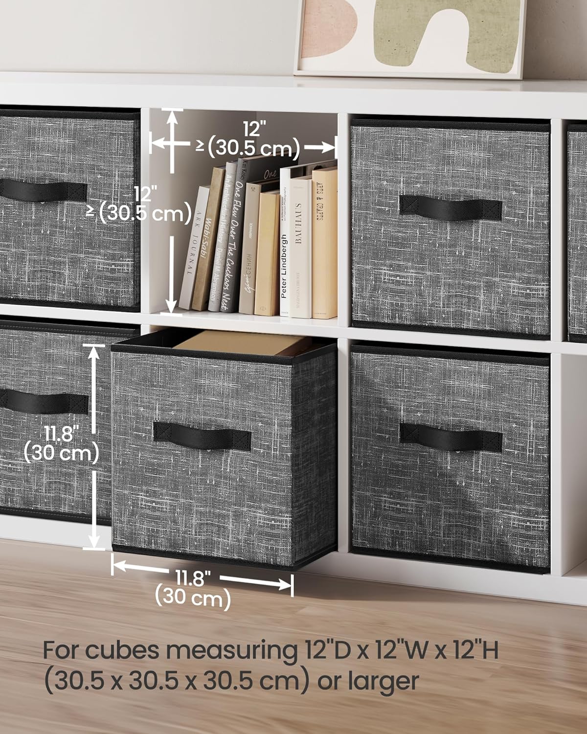SONGMICS Storage Cubes - 11.8-Inch Foldable Non-Woven Fabric Bins with Double Handles - Set of 6, Classic Black