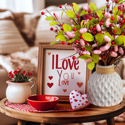 AXYLEX Valentines Day Decorations Floral Picks Stems - 8Pcs,16 Inch Artificial Pink Berry Heart Shaped Branches Gift for Wedding Home Vase Decor (PinkGreen)
