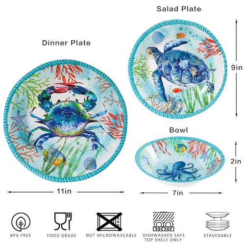 ZAROCRUS Coastal Dinnerware Sets, Ocean Theme Unbreakable Kitchen Plates and Bowls Set, Coastal Dishes Lightweight Dinnerware Set, RV and Camping dishes set for 4, Dishwasher Safe
