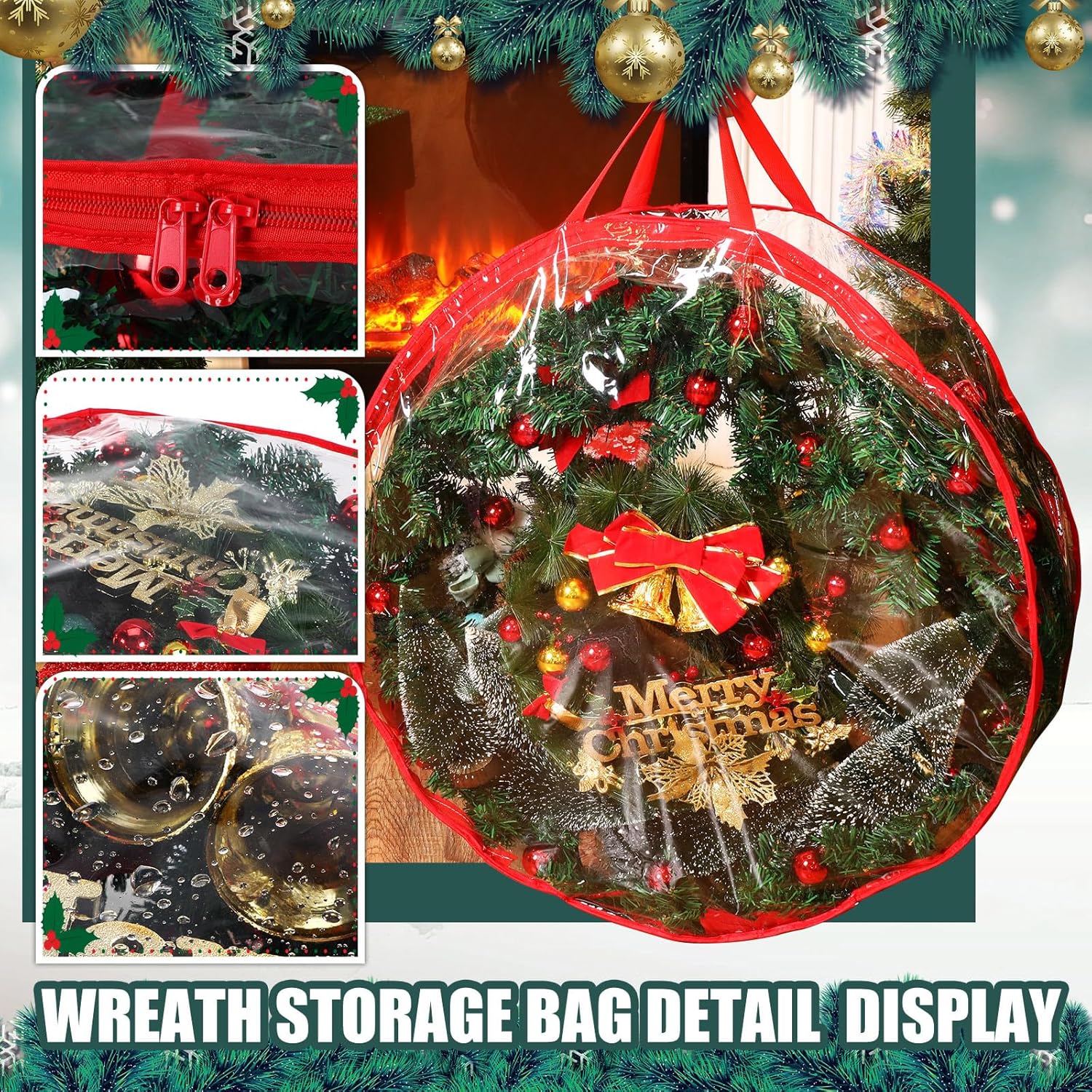Shappy Christmas Wreath Storage Bag - 24-Inch Clear Container with Dual Zippers & Reinforced Handles | Red