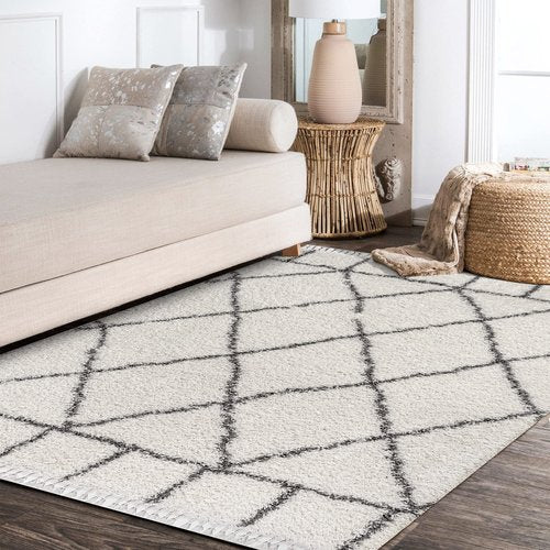 JONATHAN Y Mercer Shag Plush Tassel Ivory/Gray Indoor Area Rug, 4x6, Moroccan Geometric Trellis, Easy-Cleaning for Living Room, Bedroom, Kitchen, Pet Friendly, Non-Shedding (MCR101B-4)