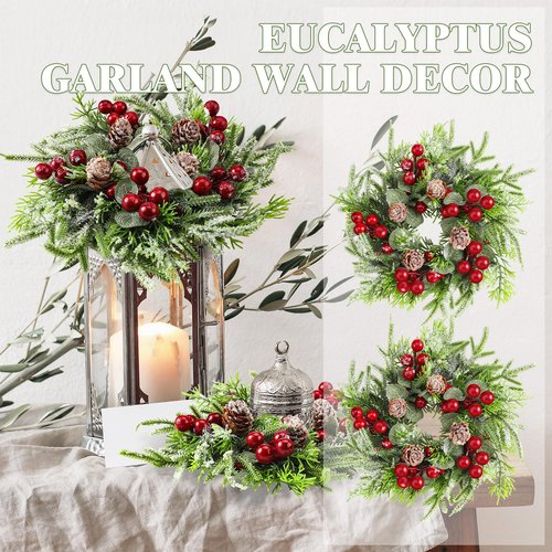 Lyrow 8 Pcs Christmas Candle Rings Wreath Xmas Kitchen Cabinet Mini Wreath Artificial Berries Snowy Pine Candle Ring Holder for Christmas Chandelier Home Table Centerpiece Indoor Decor