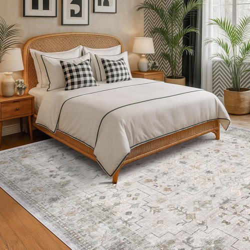 Hazo Haus Boho Living Room Rug - Light Grey Floral Design, Washable Low Pile, 7x10 Large Area Rug