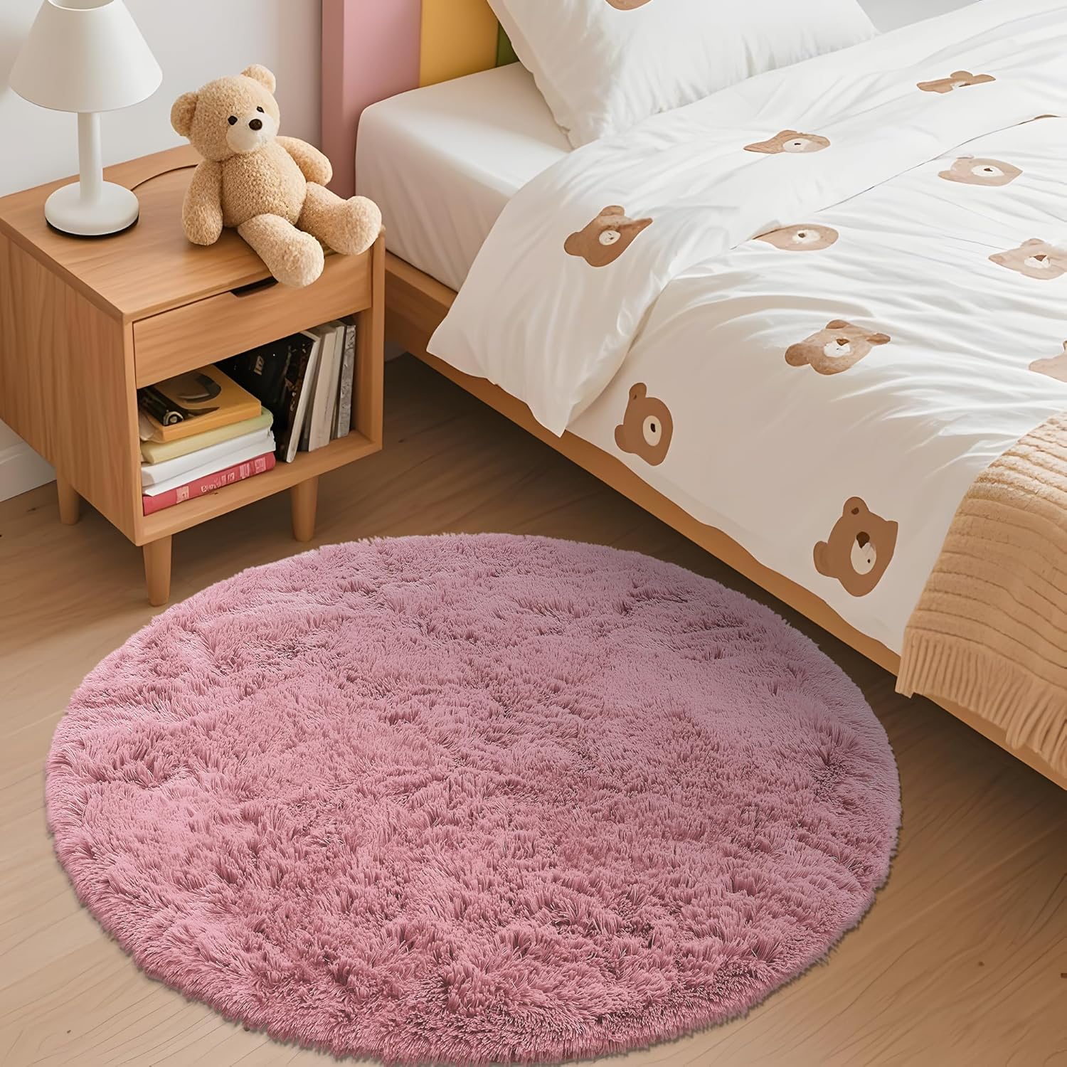 OLANLY Round Pink Area Rug - Soft, Machine Washable 3 ft Shag Carpet for Bedroom & Living Room Decor