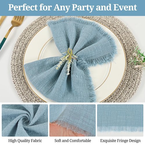 50 Pack Dusty Blue Handmade Cloth Napkins 16 x 16 Inch Cotton Linen Napkins with Fringe, Washable and Reusable Napkins, Soft Rustic Boho Fringe Cloth Napkins for Dinners,Parties, Wedding