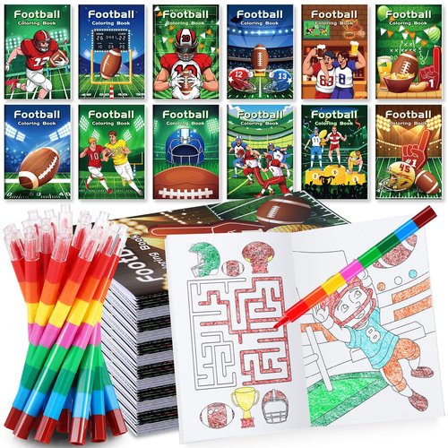 BenLouis 12 Football Mini Coloring Books Kids with 12 Stacking Crayons Sports Football Theme Party Favors Small Activity Books Bulk for Kids Super Football Bowl Party Gift Goodie Bag Stuffers