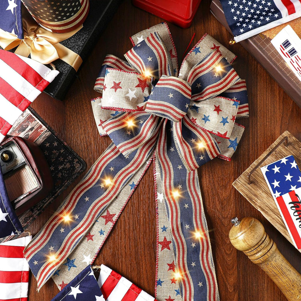 Regine Switzerland Patriotic Lighted Wreath Bow - Large Red, White & Blue 4th of July Decoration