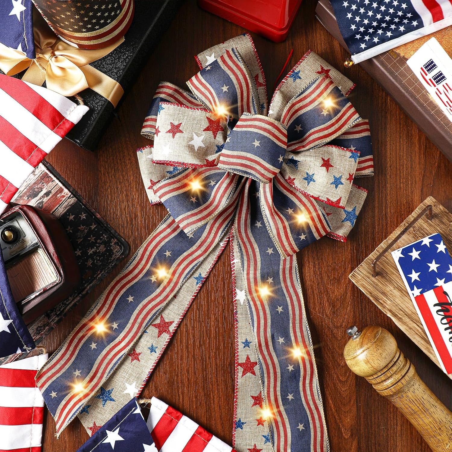 Regine Switzerland Patriotic Lighted Wreath Bow - Large Red, White & Blue 4th of July Decoration