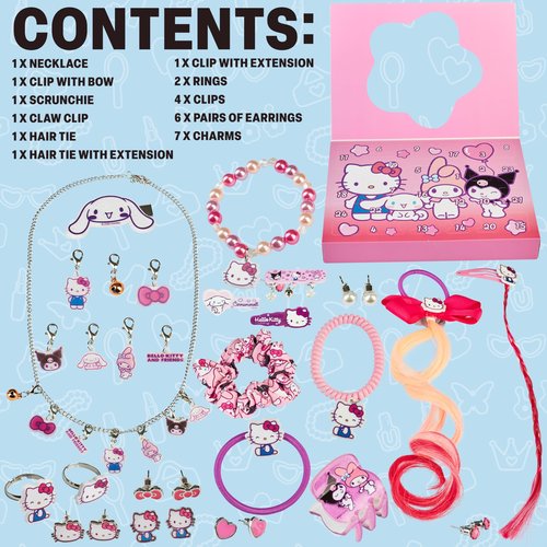 Get Trend Hello Kitty Sanrio Girls Hair Accessories Advent Calendar 2025 Hair Ties Clips Earrings Scrunchies Necklace Kawaii Xmas Countdown Gifts (Pink Hello Kitty)
