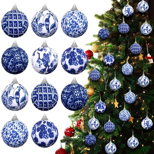 Preboun 12 Pcs Christmas Chinoiserie Ball Ornaments Blue and White Chinoiserie Tree Decoration Christmas Tree Hanging Ornaments Fabric Wrapped Home Xmas Decor for Modern Party (Blue,1.97 Inch)