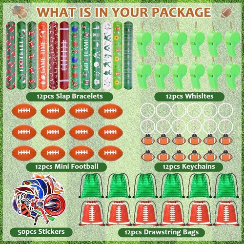 Justforjoyful 110 Pcs Football Party Favors for 12 Sets Football Party Supplies Drawstring Bag Backpack with Keychains Mini Football Stress Balls Slaps Bracelets Goodie Bag Stickers Presents Gift Set