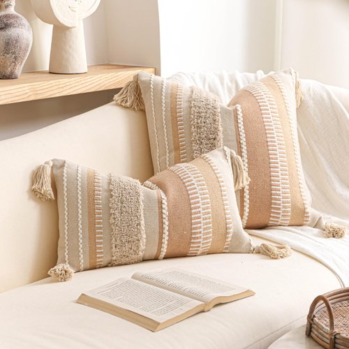 BlissBlush 20x20 Pillow Cover, Neutral Cream Boho Decorative Pillowcase with Tufted Texture and Tassels, Square Accent Cushion for Couch Sofa Living Room (Cover Only)