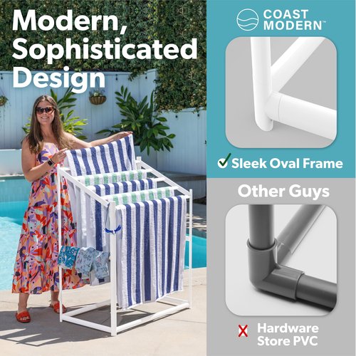 GoSports Towel Rack for Pool & Hot Tub Accessories - 5-Tier Modern Design - Free-Standing PVC Towel Storage & Drying Stand