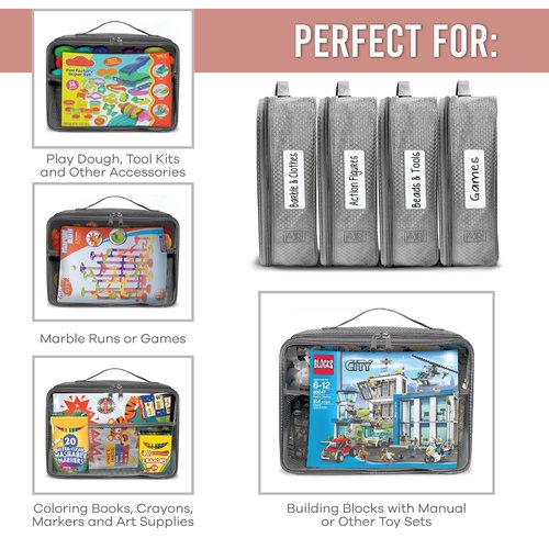 IAMRU Toy Storage Bag, On the Go Toy Storage Organizer, Car Toy Organization, Blocks Travel Bag, Activity Bags for kids, Traveling Carrying Case, Storage Organizer (Large 4pc Beige Bags)