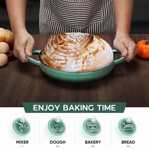 E-far Dutch Oven for Sourdough Bread Baking, 6 Qt Round Enameled Cast Iron Dutch Oven for Homemade Artisan Bread, Dome Lid & Shallow Base, Matte Black Interior & Durable, Oven-Safe to 500℉, Dark Green
