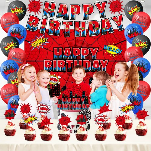Spider Web Birthday Party Supplies, Spider Theme Party Decorations Including Birthday Banner, Backdrop, Balloons, Cupcake Toppers