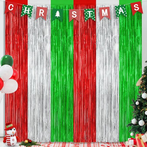 2 Pack Metallic Christmas Backdrop | Red, Silver & Green Streamer Curtains - 3.28 FT x 7.05 FT