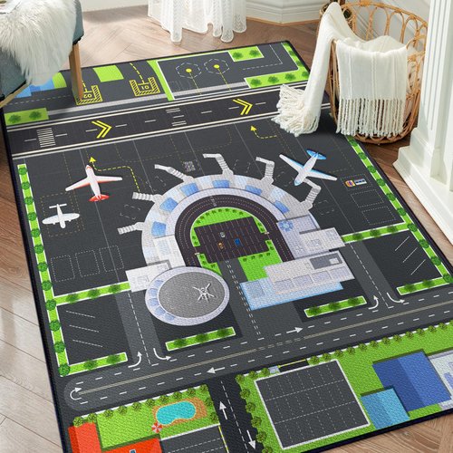 Isyorefam Play Rug for Kids Playroom, 3x4 Airport Carpet with City Road Traffic System and Aircraft Runway, Airport Playmat Airplane Rugs Non-Slip Washable Area Mat for Boys Bedroom