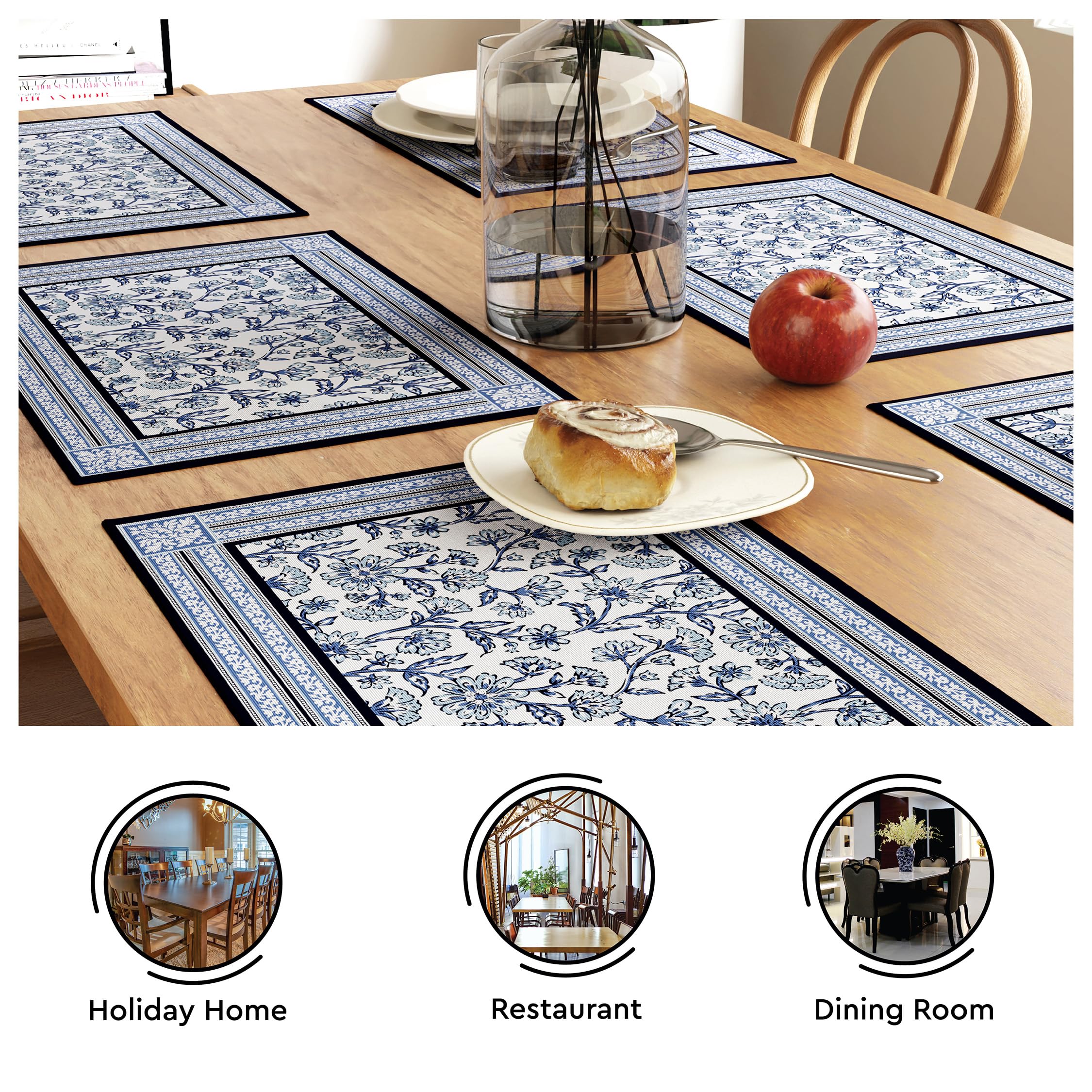 Encasa XO Dining Table Mats Set of 6 | Indigo-02 Block Printed Cotton Canvas Placemat - 18x13 in | Jaipur Sanganeri Hand Print