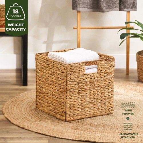 TREVIETDECOR 10.5x10.5in Wicker Storage Baskets, Handwoven Water Hyacinth Foldable Cube Bins for 11.5" × 11.5" and Larger Cube Shelves, Set of 6 (Natural)
