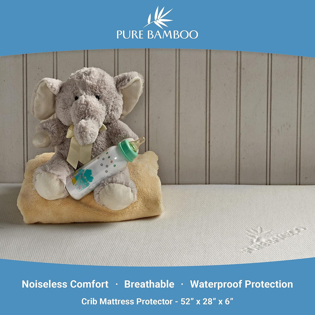 Pure Bamboo Waterproof Crib Mattress Protector - Breathable, Noiseless Cover Fits 52x28x6 Inch