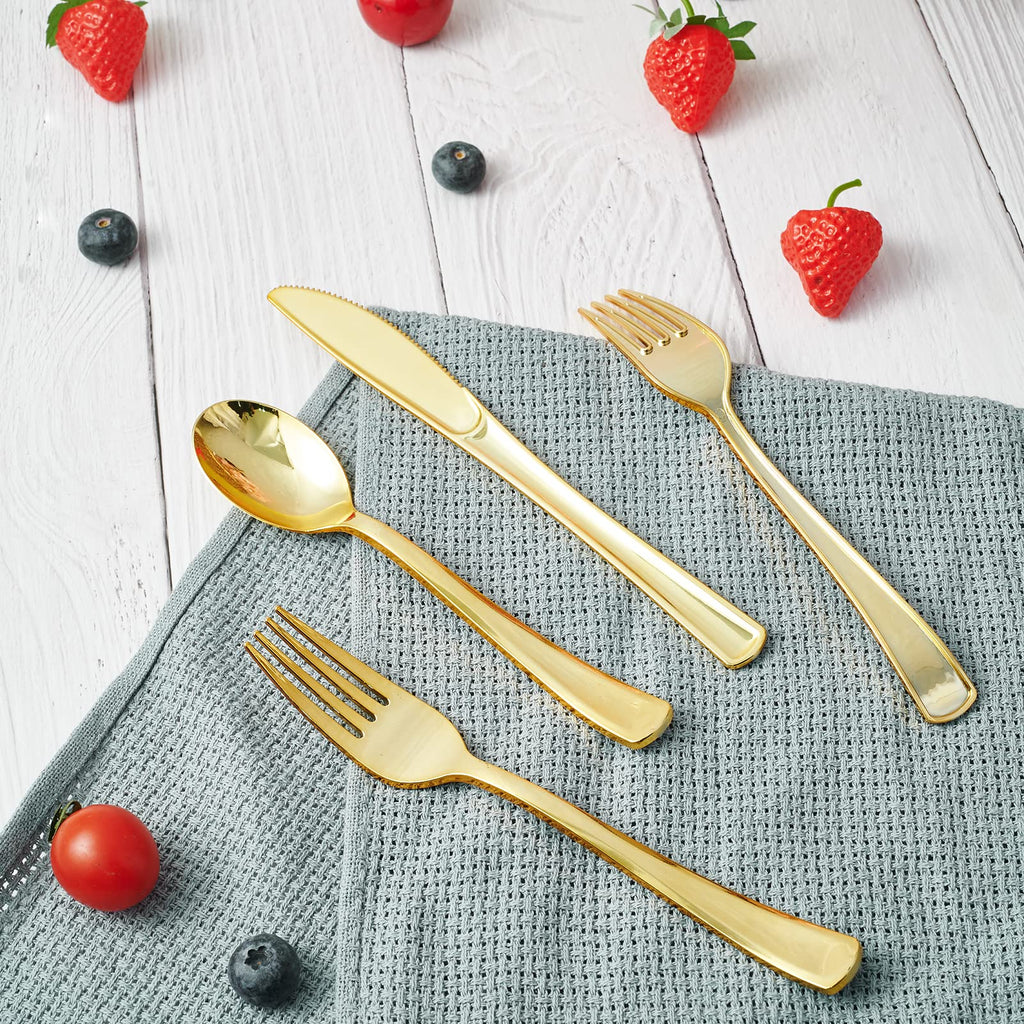 FOCUSLINE 75 Pack Gold Plastic Silverware Disposable Cutlery Set - 25 Forks Knives Spoons - Disposable Flatware Heavy Duty Plastic Utensils Set for Catering, Parties, Dinners, Weddings