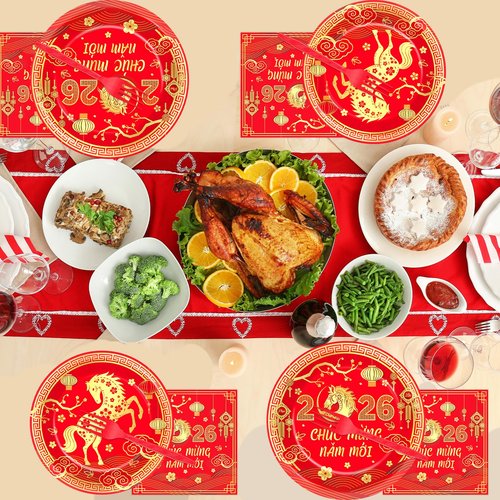 96Pcs Vietnamese New Year Party Decorations Vietnamese Horse Themed New Year Plates and Napkins 2026 Red Gold Horse Tableware Dinnerware Party Supplies for Spring Festival Lunar Decor Serves 24 Guests