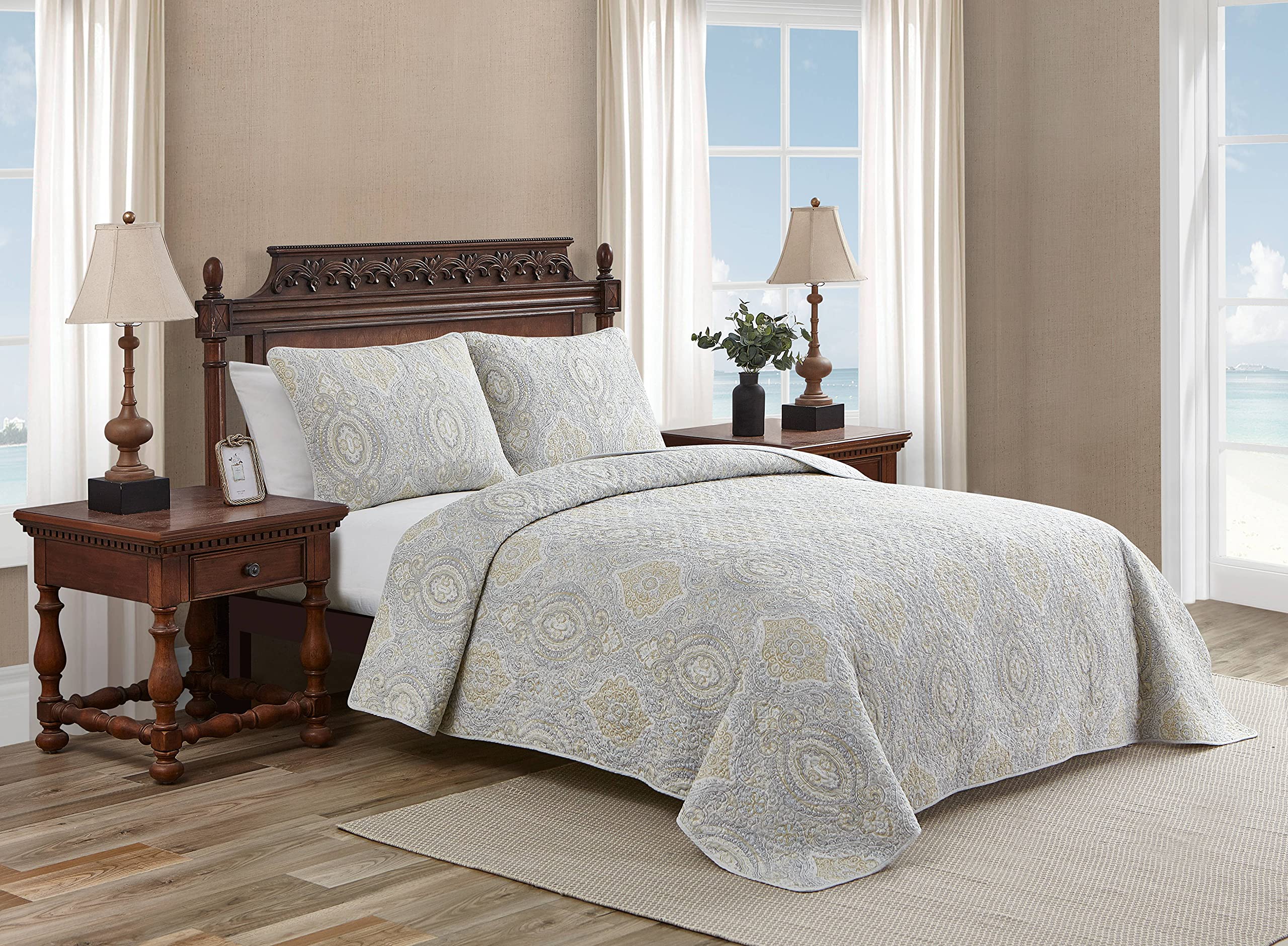 Tommy Bahama - King Quilt Set, Reversible Cotton Bedding with Matching Shams, Coastal Bedspread, Super Soft Bedding Set (Turtle Cove Grey, King)