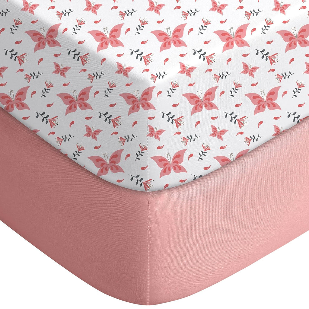 Yoofoss Fitted Pack and Play Sheets - Soft, Breathable Mini Crib Sheets 2-Pack (Pink & Butterflies)