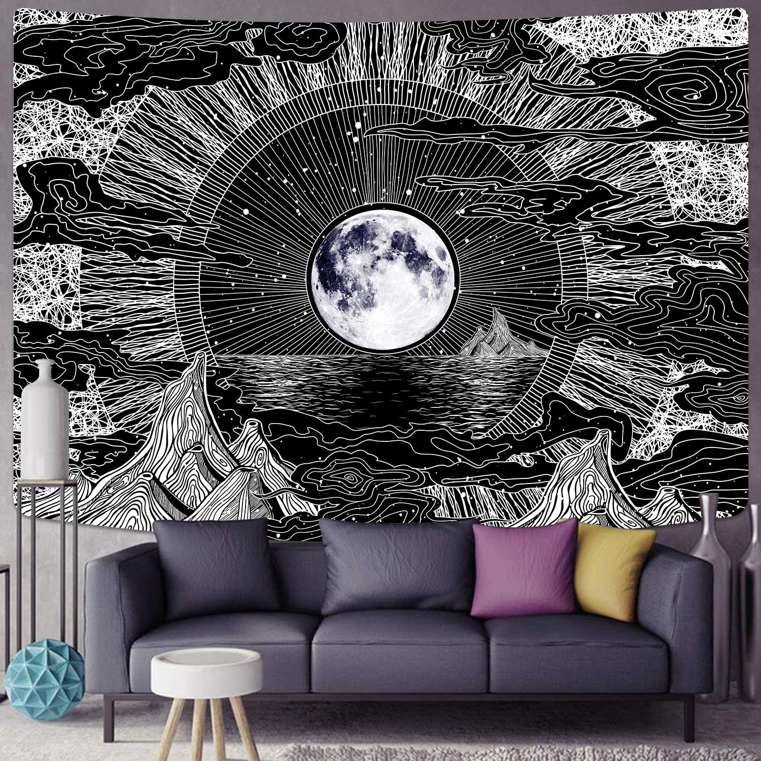 Sevenstars Psychedelic Mountain Tapestry - Moon & Star Clouds Design for Room Décor