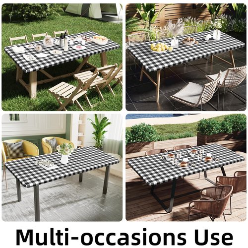 Smiry Rectangle Picnic Table Cloth, Elastic Waterproof Fitted Vinyl Tablecloths, Flannel Backed Buffalo Plaid Table Covers for Dining, Camping, Outdoor (Black and White, 24" x 48")