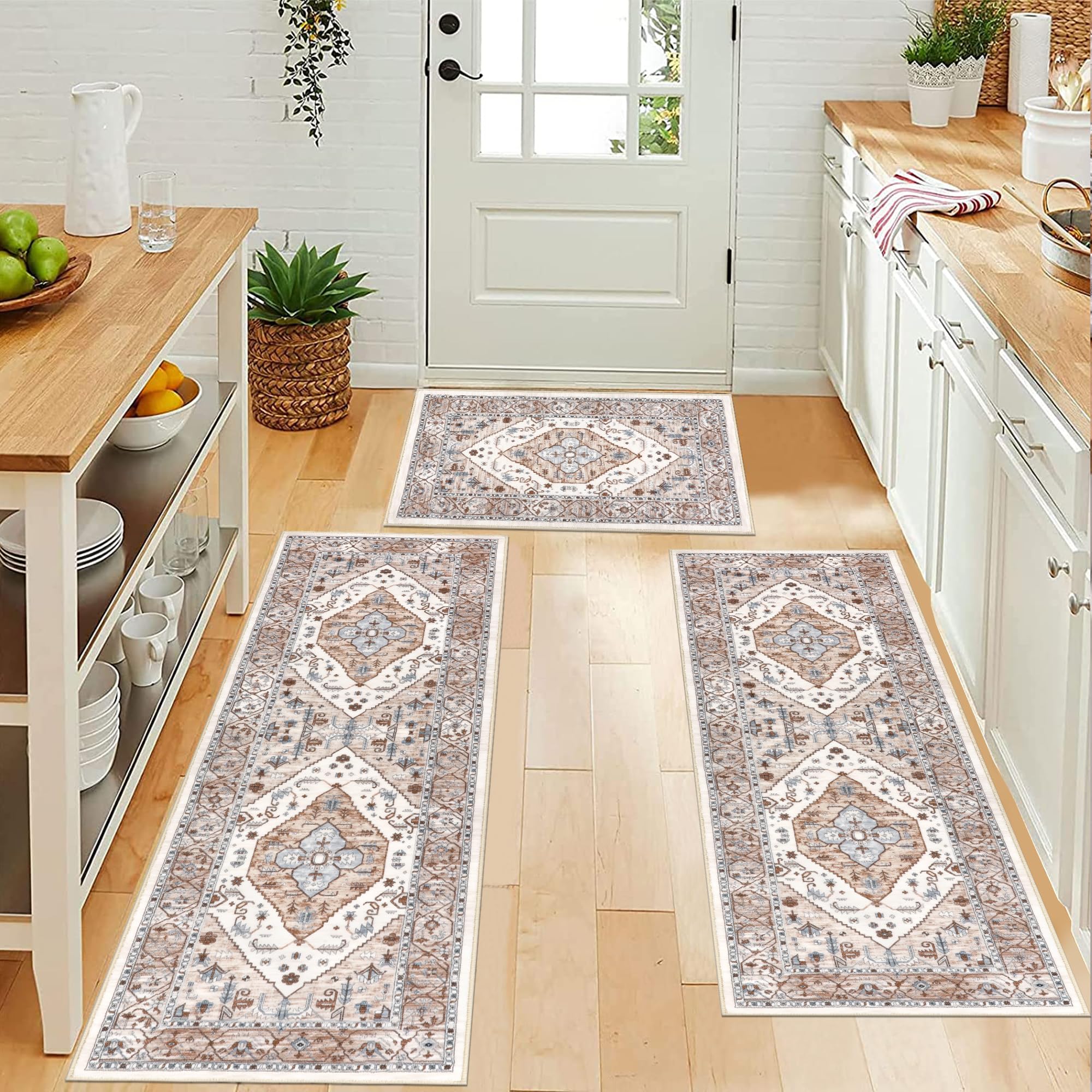 Pauwer Farmhouse Kitchen Rugs Sets of 3, Kitchen Runner Rugs Non Slip Washable, Boho Kitchen Mats for Floor, Indoor Door Mat Entrance, Laundry Room Rug, Thick Kitchen Floor Mat Carpet