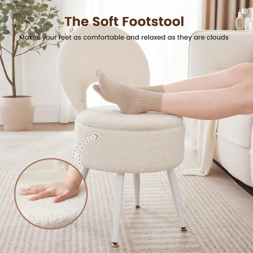 ZYKZYK Vanity Stool with Storage and Backrest, Folding Back & Velvet Seat, Footrest, Round Ottoman with Sherpa, Vanity Chair with Storage, Ideal for Bedroom, Living Room, and Makeup Stations