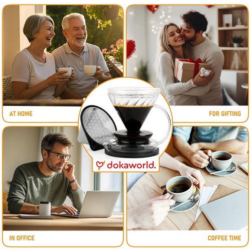 dokaworld Pour Over Coffee Maker – Borosilicate Glass Dripper with Stainless Steel Reusable Filter, Manual Eco Brewer, Plastic-Free Non-Toxic Coffee Station, Innovation Infuser for Daily Brewing