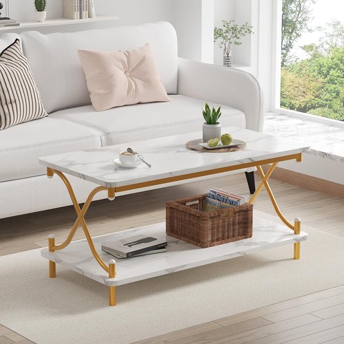 VECELO Coffee Table for Living Room with Round Corners Modern Farmhouse Center Table with Storage Shelf for Home Office 39 Inch, Easy Assembly, Light Gold