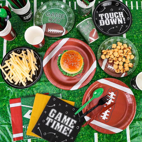 HOWAF 169pcs Football Party Supplies Kit, Football Plates Disposable Dinnerware Touchdown Napkins Plates Tablecloth Cups Knives Forks Spoons for Football Birthday Football Decorations Party Serve 24