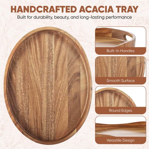 Serving Tray with Handles, Acacia Wood Oval Tray 17.3x12.9x1.9 Inch Large Wooden Coffee Table Ottoman Tray Breakfast in Bed Tray Decorative Rustic Farmhouse Home Décor Tray for Drinks Snacks & Candles