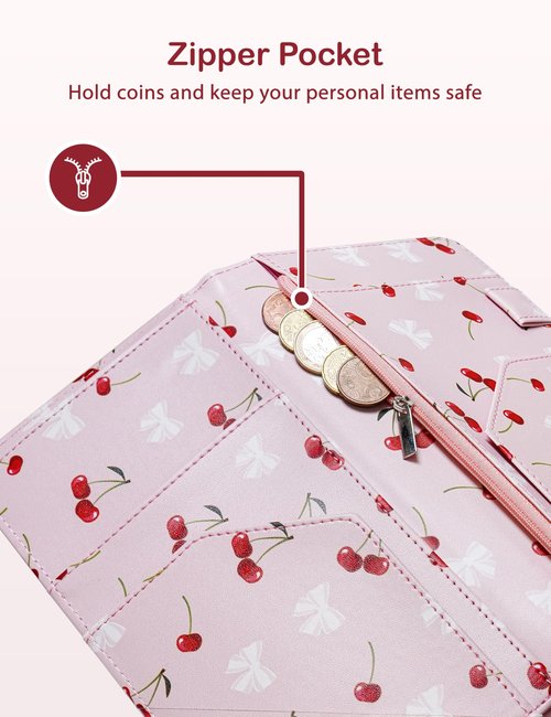 Zreal Cute Server Book for Waitress, Waiter Book with Zipper and Magnetic Pocket, Cherry & Bow Print Serving Book for Waitstaff in Restaurants, Leather Waitstaff Organizer Fits Server Aprons(Pink)