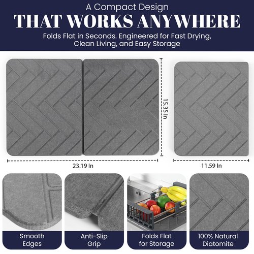 Large Folding Stone Dish Drying Mat for Kitchen Counter – Super Absorbent Diatomite Stone Drying Mat for Dishes, Cups & Bottles – Quick Dry, Space-Saving, Multi-Use Kitchen, Bath & Pet Mat – 23”×15”