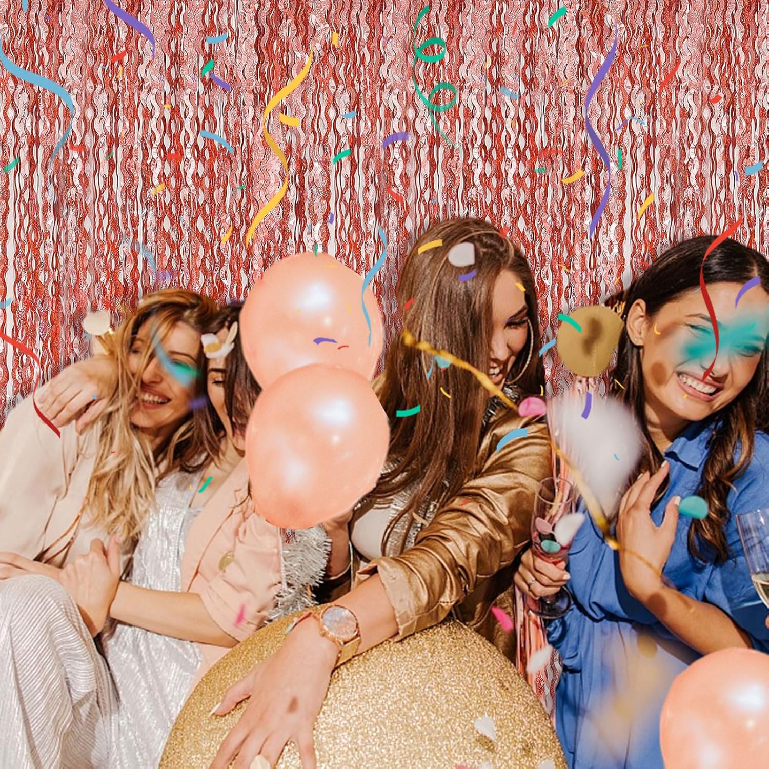 Rose Gold Tinsel Foil Fringe Curtains - Wavy Backdrop for Parties & Events | Photo Booth Decor