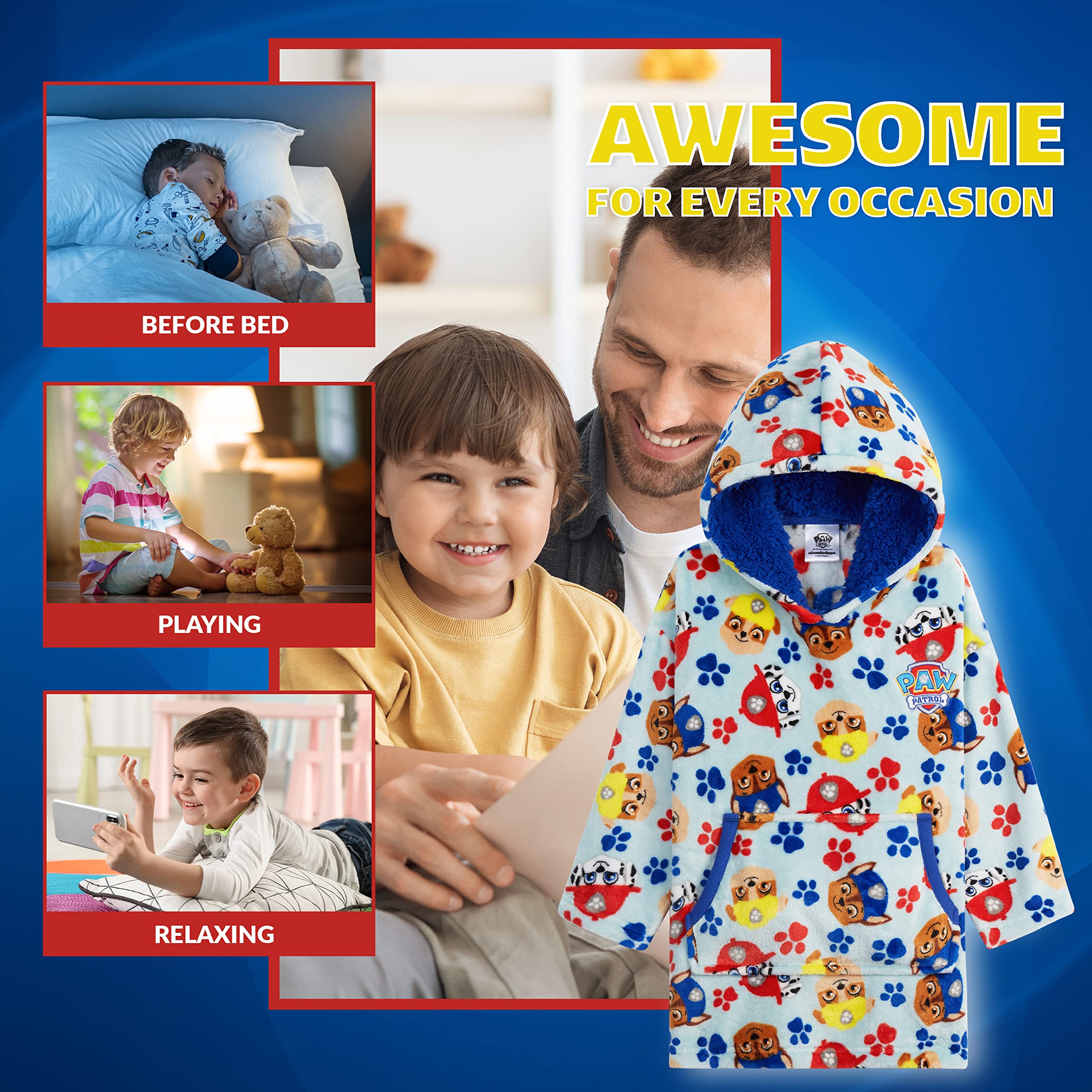 Paw Patrol Blanket Hoodie for Kids Toddlers, Fleece Wearable Blanket with Sherpa Hood, Marshall Rubble Chase Gifts for Kids (Blue, 2-4 Years)