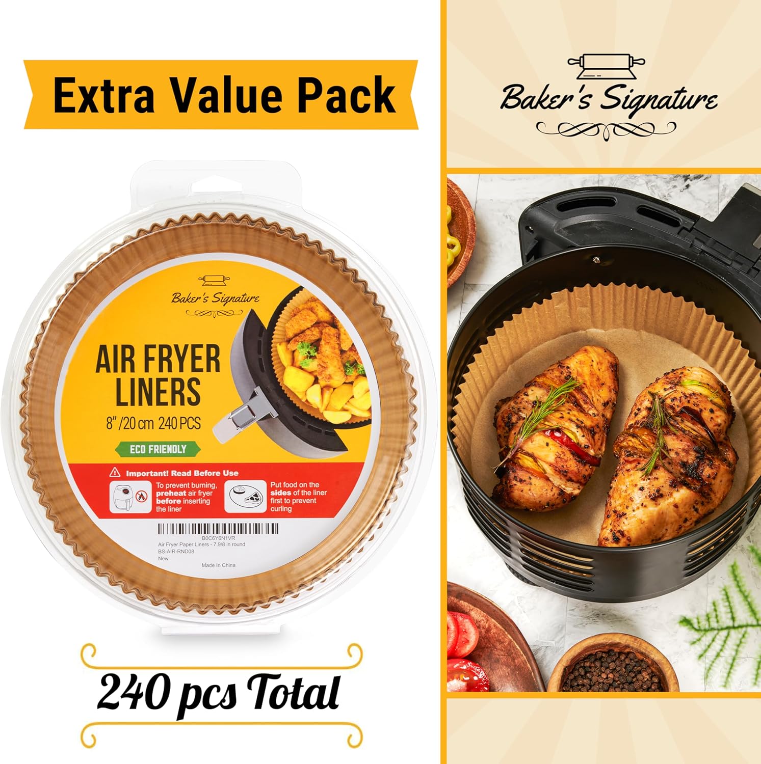 Baker's Signature 250 Pcs Air Fryer Liners - Round Non-Stick & Oil Proof for Easy Cleanup | 8 Inch for 5-8 Qt Baskets