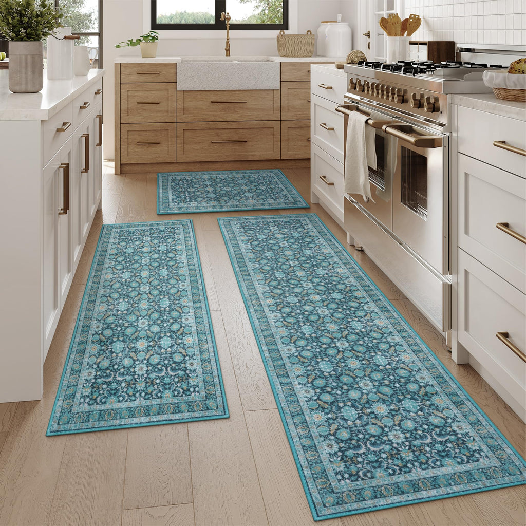 KIMODE Floral Kitchen Rugs Non Slip Washable, Farmhouse Kitchen Rugs Sets of 3, Rubber Kitchen Mats for Floor, Kitchen Runner Rug for Hallways Laundry Sink Bathroom Red 20"x32"+20"x47"+20"x71"