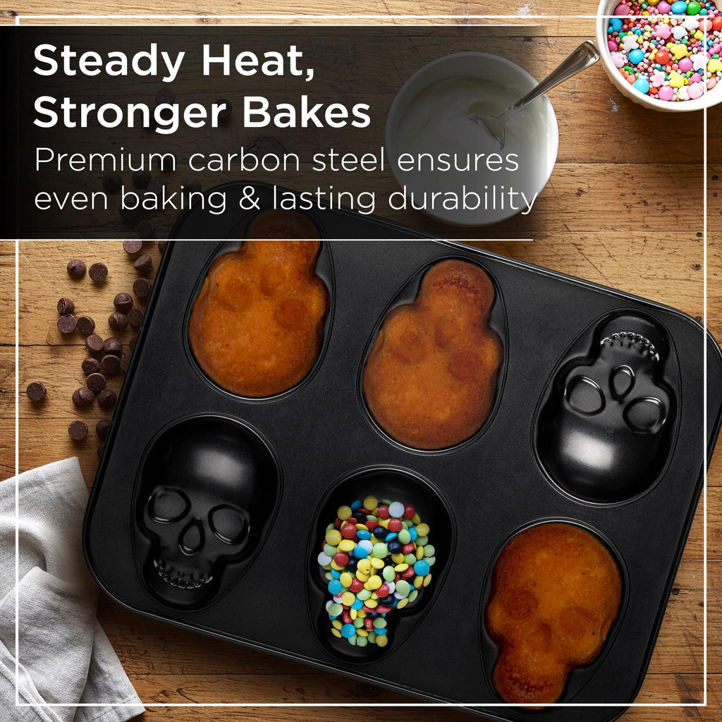 Wrenbury Large Skull Baking Pan - 6 Cup Metal Muffin Tin for Pizza Cupcakes
